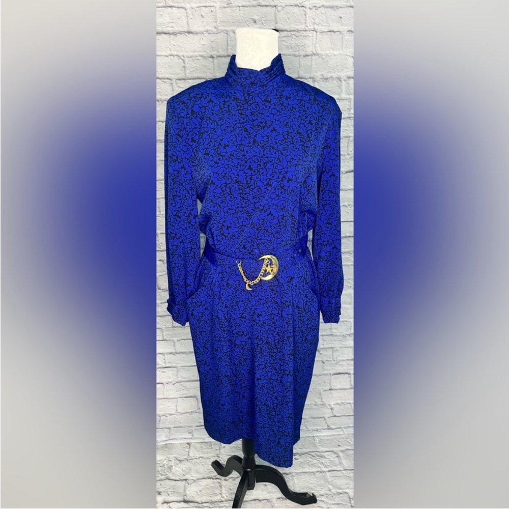 Vintage 1980’s Ms Chaus blue print belted midi dress mock neck size 10